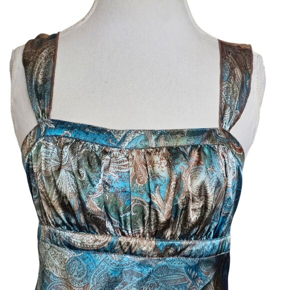 Y2K Satin Babydoll Tank Blouse Paisley Blue Brown Forest Fairy Jrs Sz L XL VTG - Picture 2 of 10